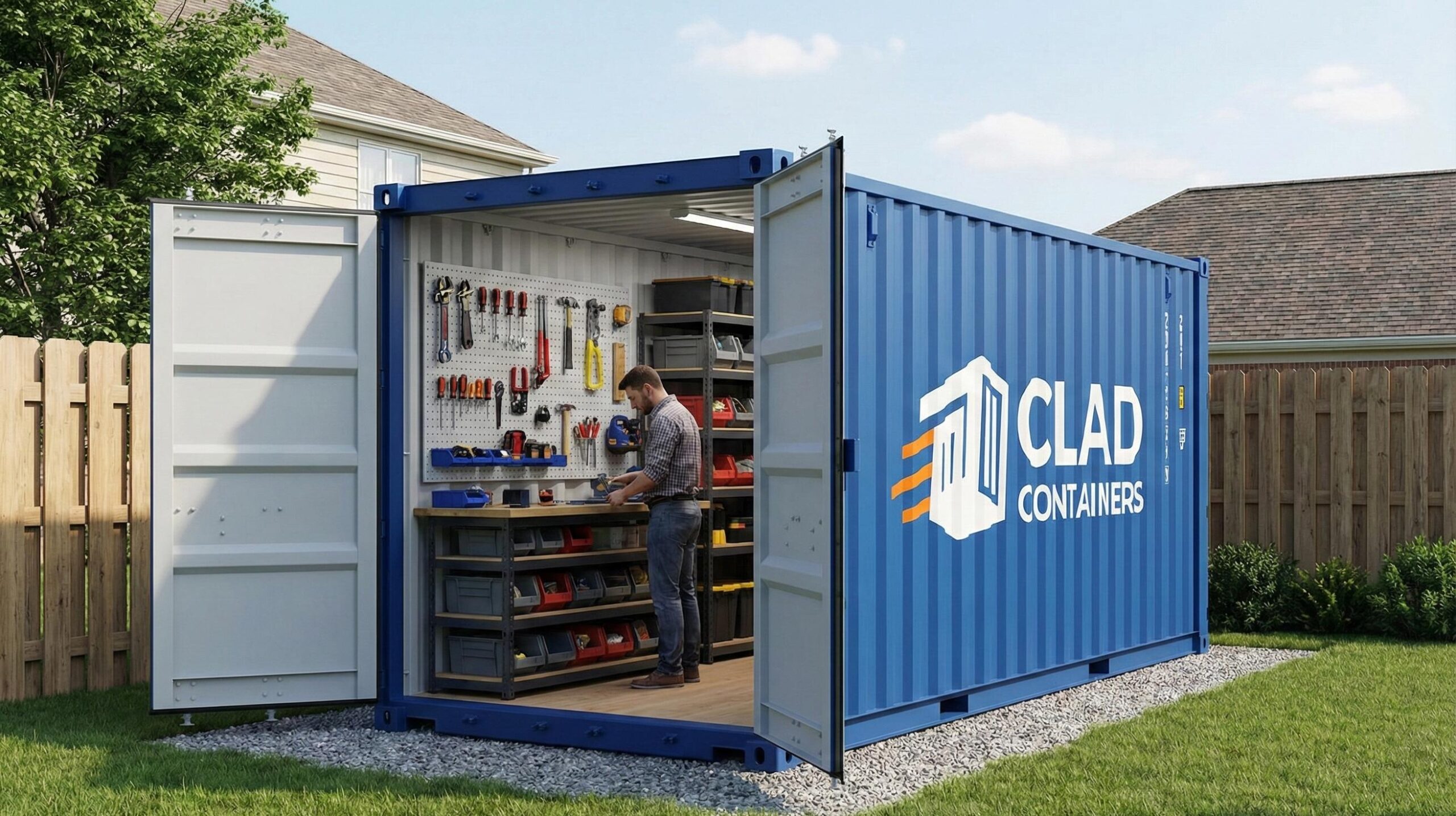20ft CLAD Shipping Container Residential Workshop A blue 20ft CLAD Containers shipping container in a backyard, with open doors revealing an organized home workshop with tools, shelving, and a person working at a bench.