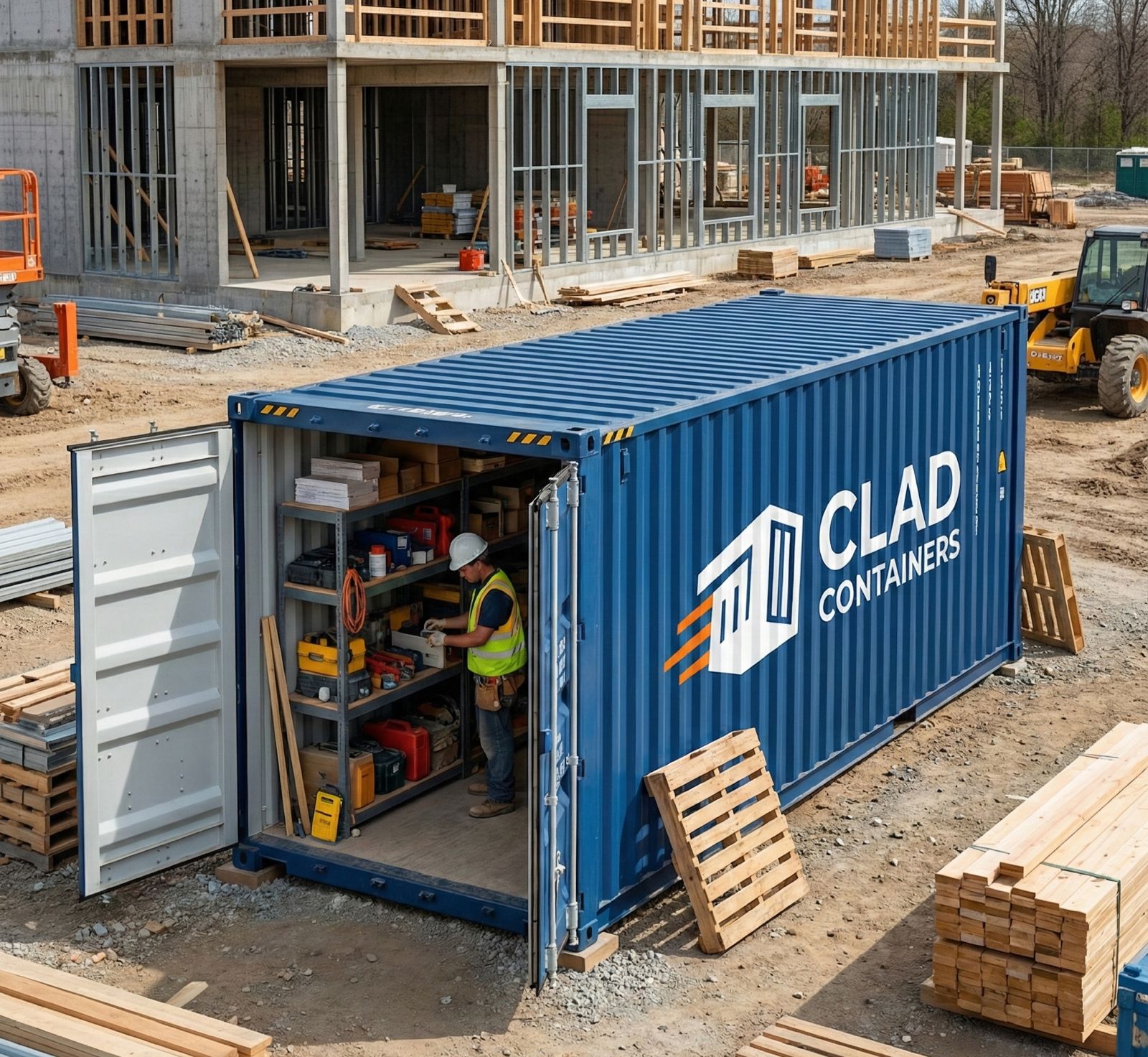 A blue 40ft CLAD Containers shipping container on an active construction site, with open doors showing organized shelves of tools and materials being accessed by a worker.