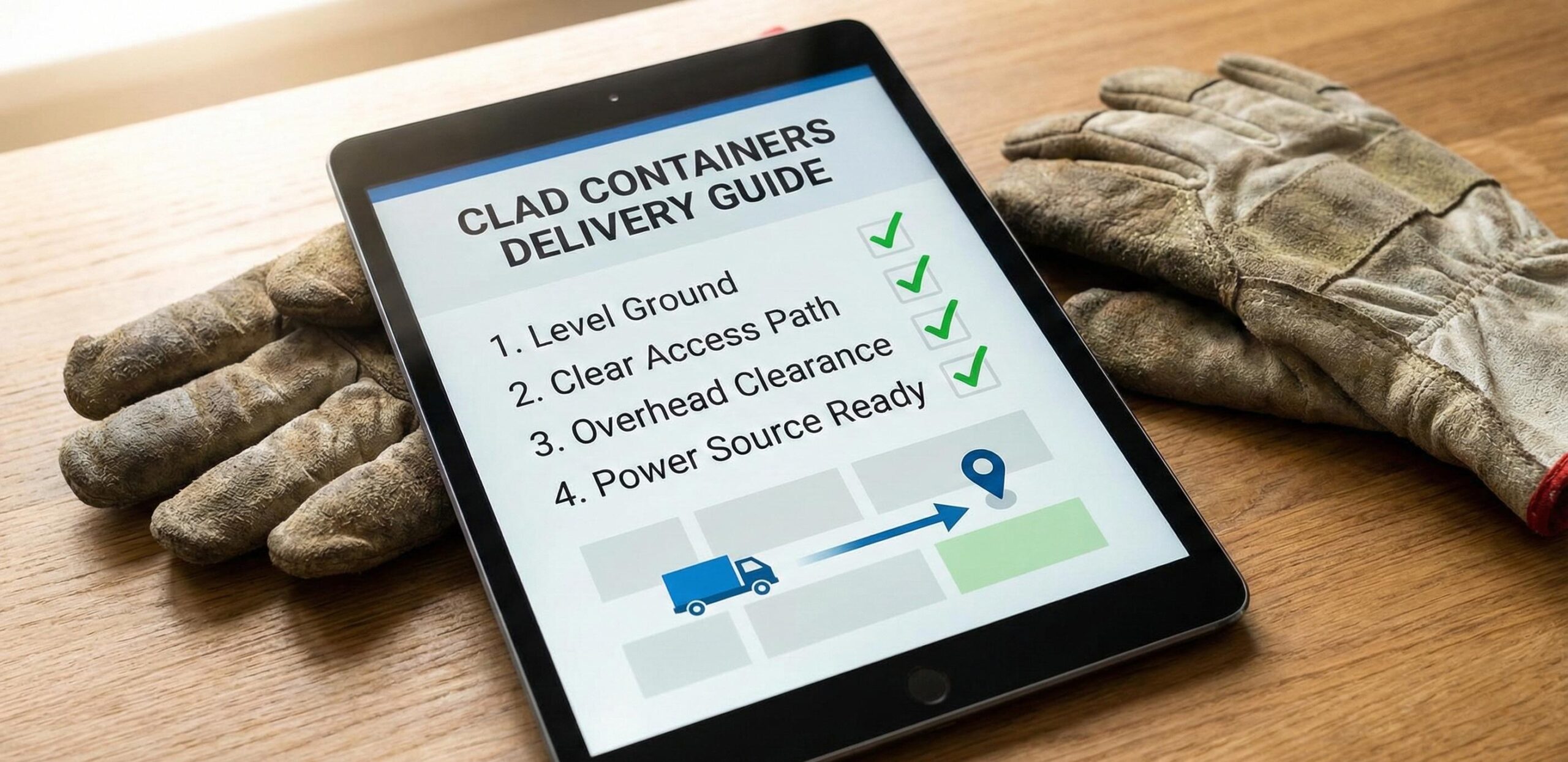 CLAD Containers Delivery Guide Checklist on Tablet A close-up of a tablet screen displaying a completed CLAD Containers Delivery Guide checklist next to a pair of work gloves.