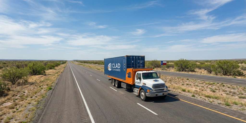Clad Containers Truck Delivering Shipping Container Across Texas Branded Clad Containers delivery truck transporting a shipping container on a Texas highway