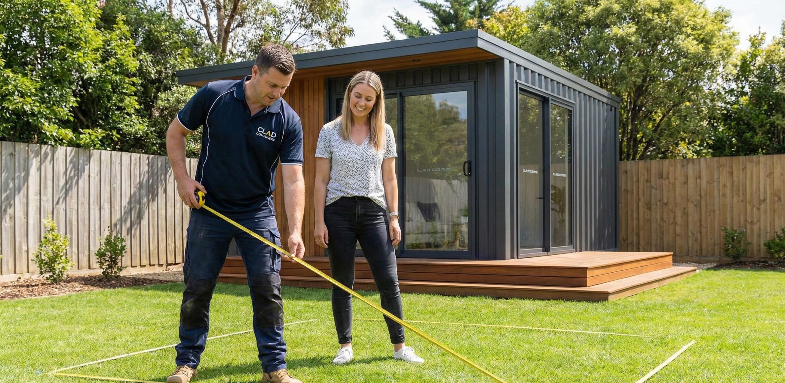 On-Site Site Guidance with a CLAD Containers Representative A CLAD Containers representative measures a backyard site with a customer, in front of a finished container garden studio.