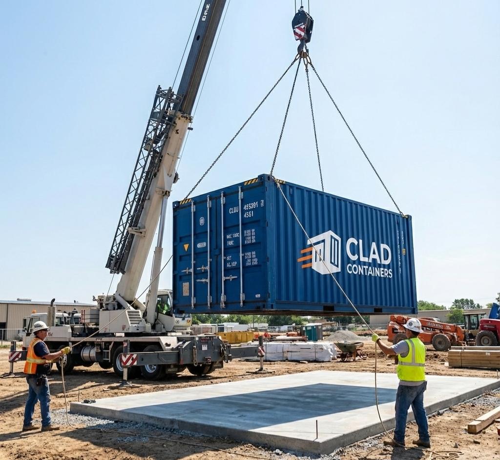 Professional Crane Offloading of a 40ft CLAD Shipping Container A large crane precisely lowers a blue 40ft shipping container branded with CLAD Containers onto a concrete foundation at a construction site.