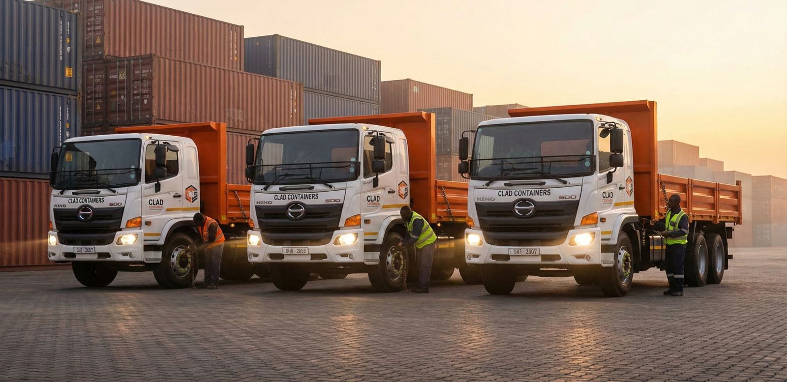 A dramatic low-angle photograph of a pristine, dark blue 40ft High Cube shipping container branded with the CLAD Containers logo, set against a sunset sky.