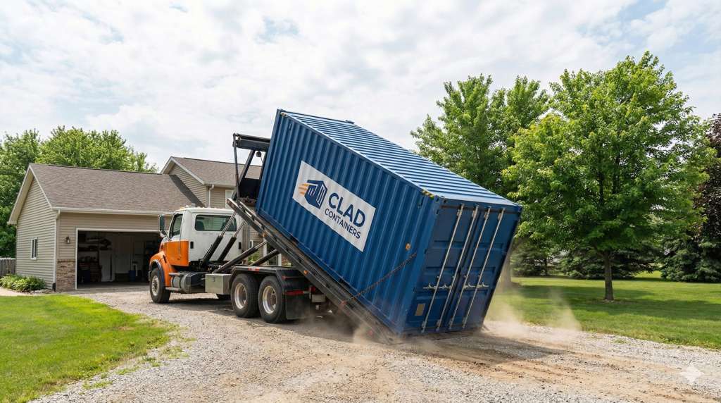 clad-containers-delivery-truck-unloading-40ft-shipping-container Clad Containers delivery truck unloading a blue 40ft shipping container at a container yard