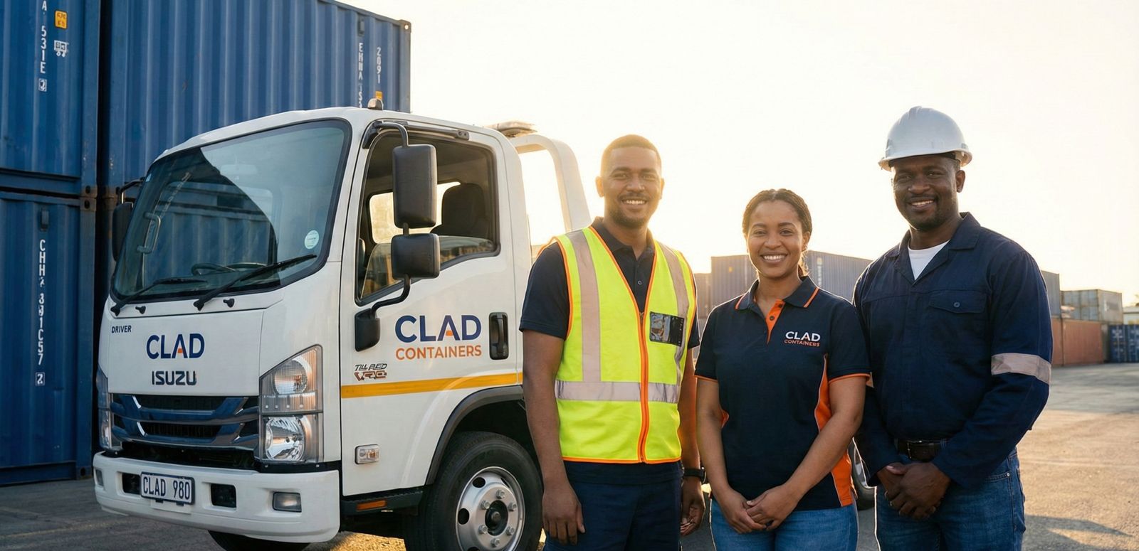 Three CLAD Containers team members, including drivers and a yard foreman wearing safety gear, standing proudly in front of a branded tilt-bed truck and stacked shipping containers at a depot.