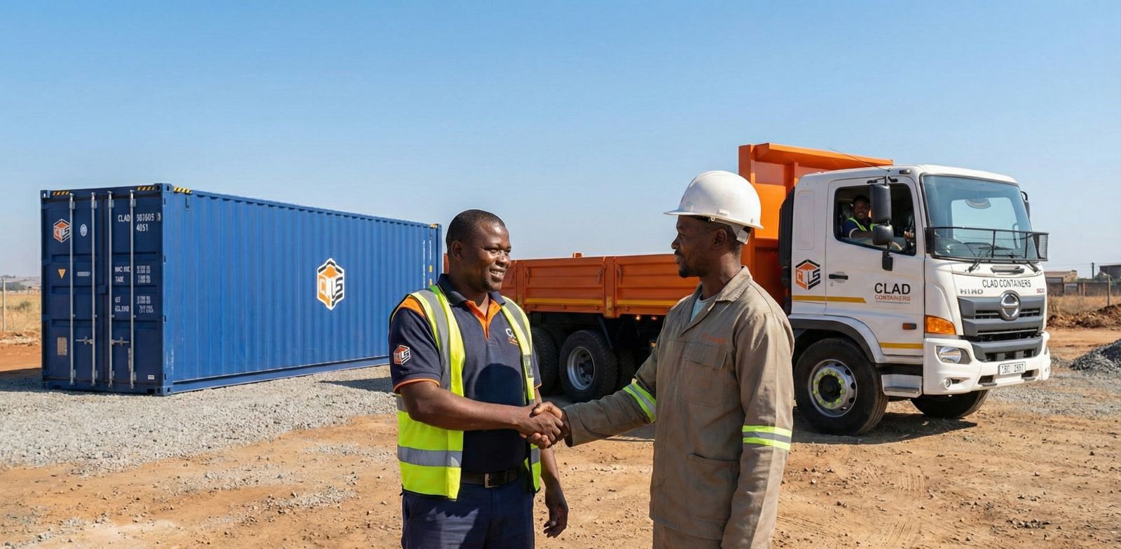A CLAD Containers delivery driver shaking hands with a satisfied customer site foreman at a construction site, with a newly delivered 40ft container and the delivery truck in the background.
