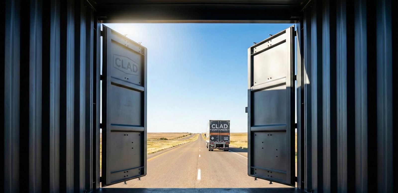 A view from inside a dark, new shipping container looking out through wide-open double doors onto a sunlit desert highway, with a CLAD Containers truck driving into the distance.