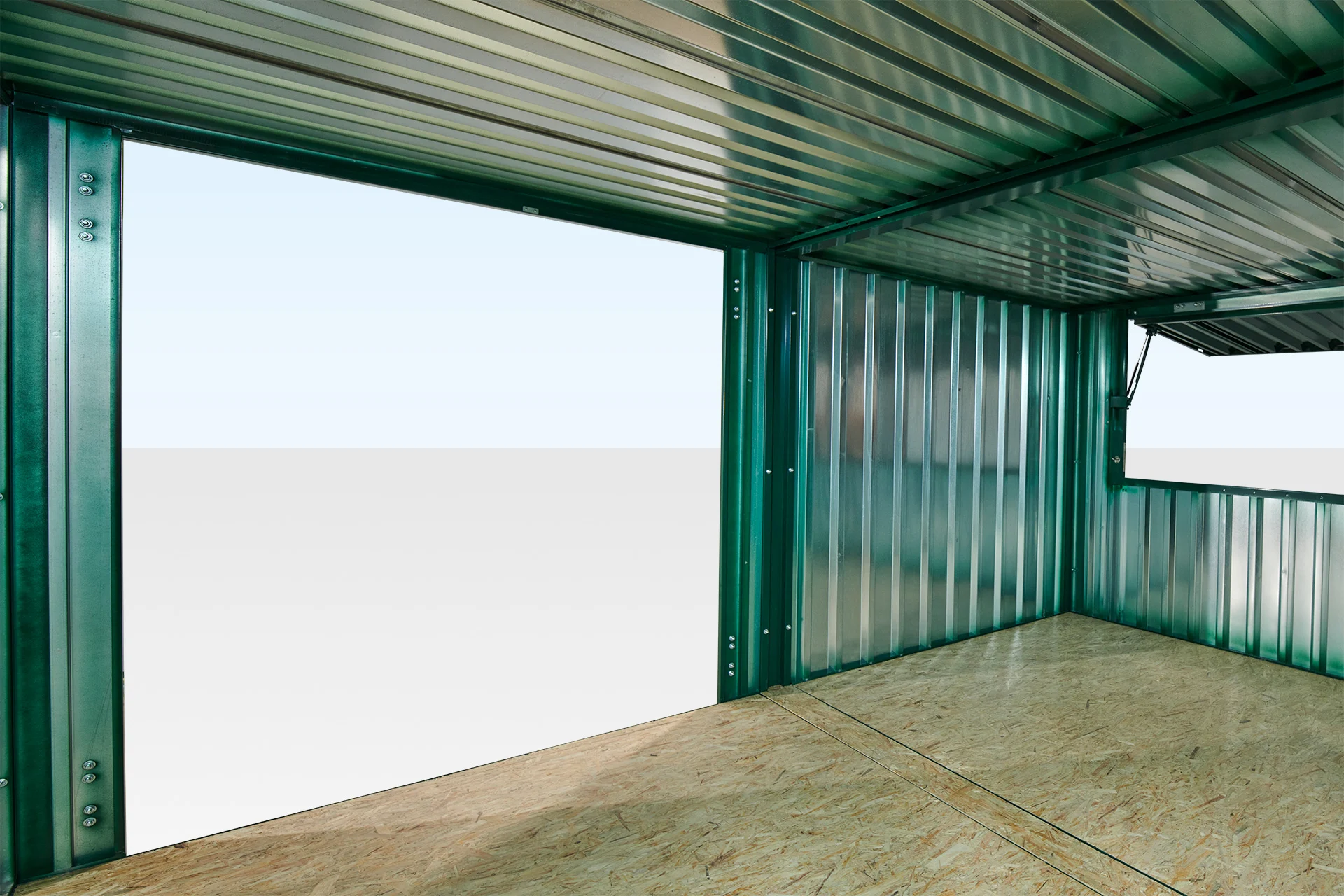 Window detail on RAL6005 flat pack kiosk