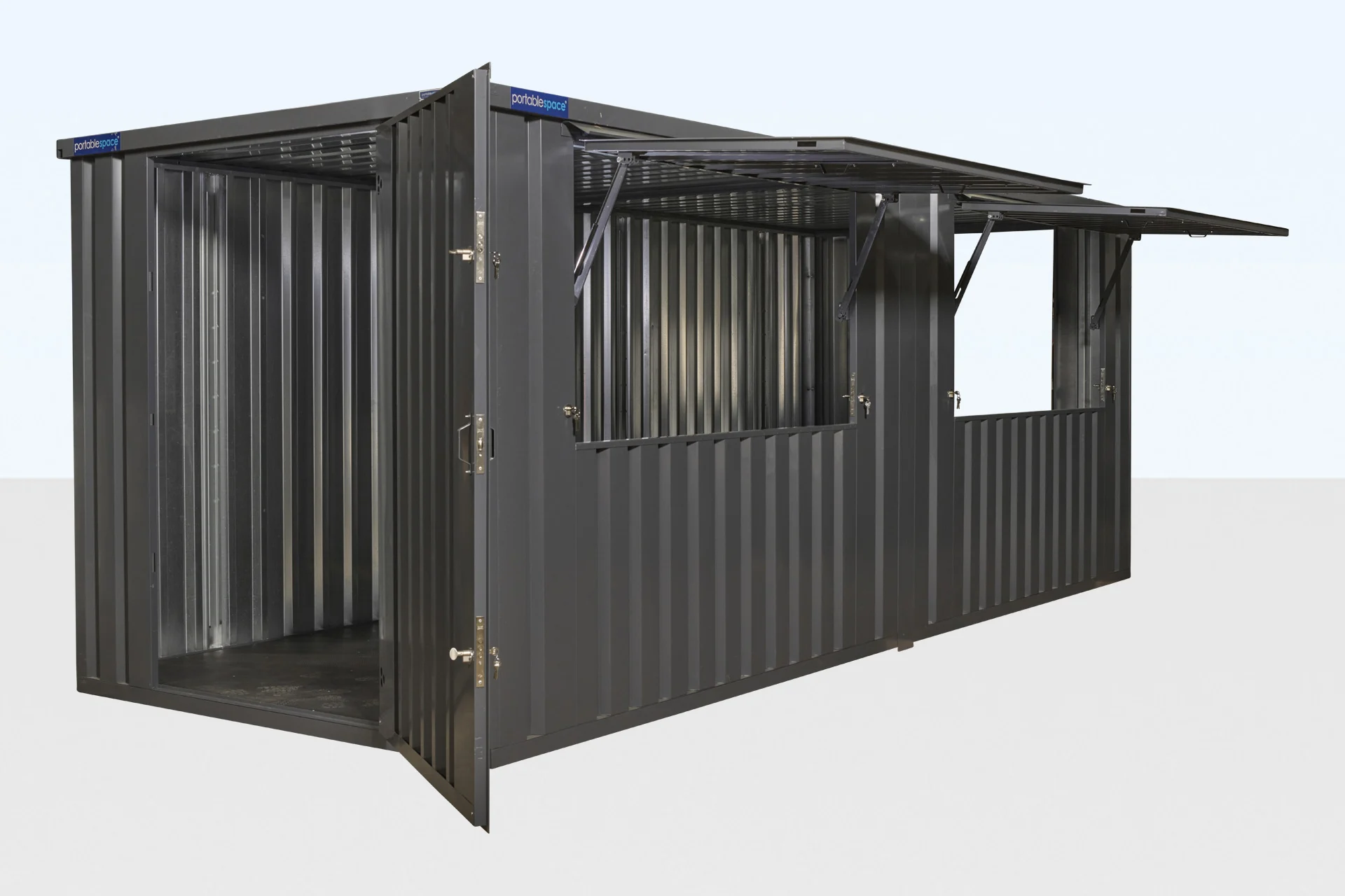 8m end linked flat pack kiosk exterior RAL7015