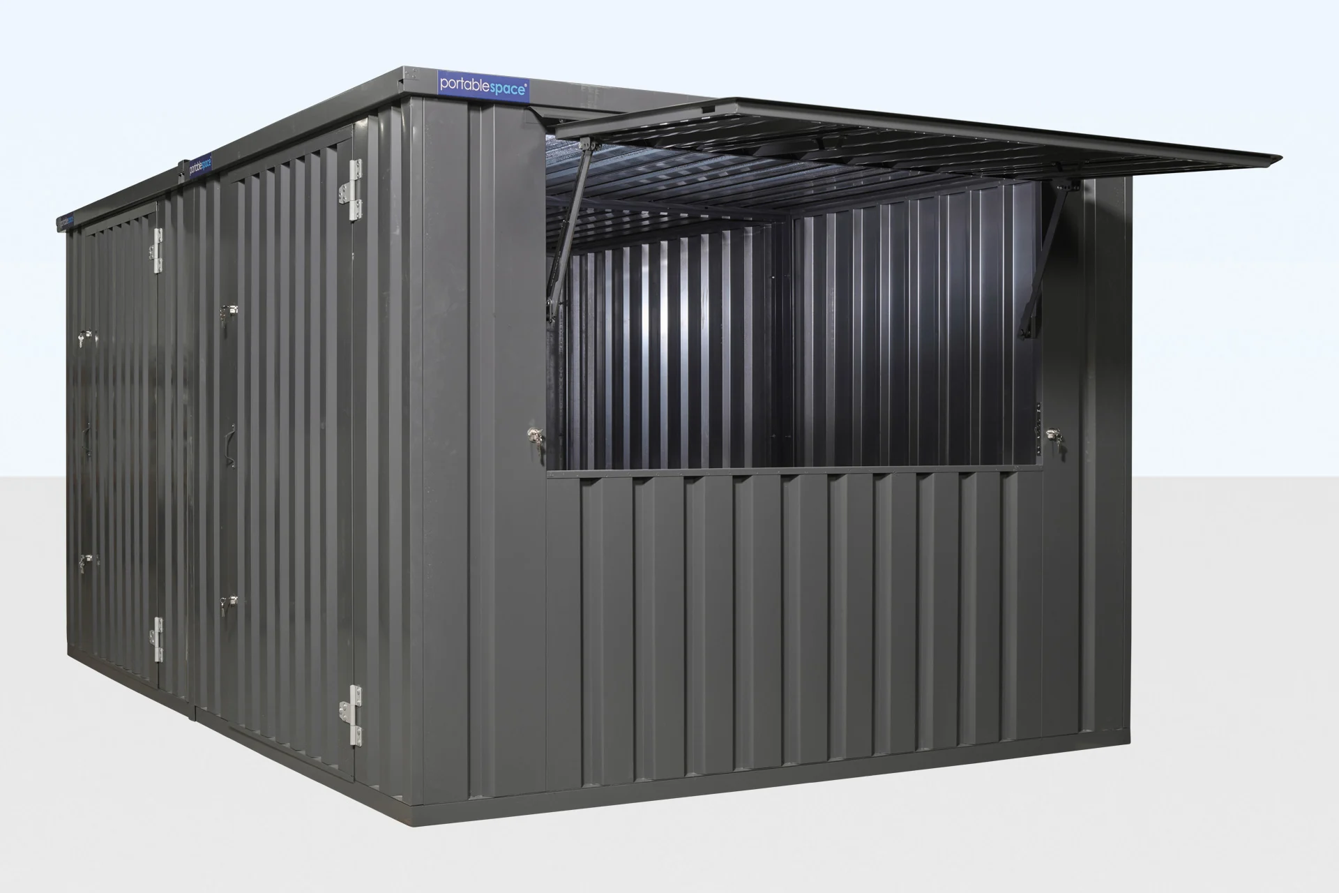 Window detail on slate grey flat pack kiosk