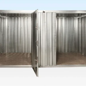 Exterior of 2x3m galvanised flat pack stores linked side-by-side