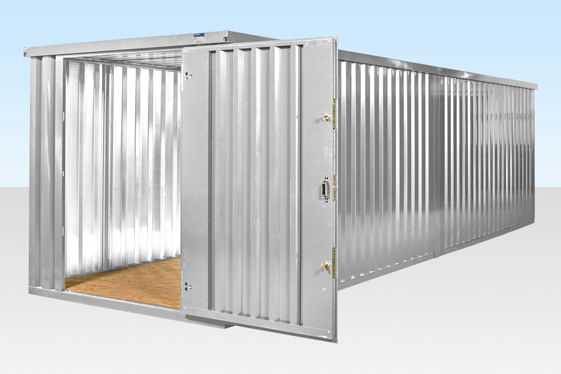 2 x 4m galvanised flat pack storage containers linked end on end exterior