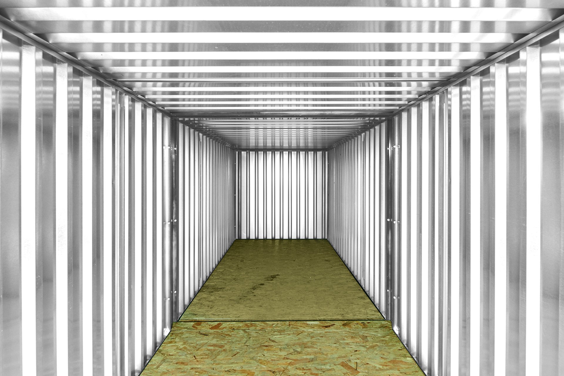 Interior of end-on-end 4m flat pack storage containers