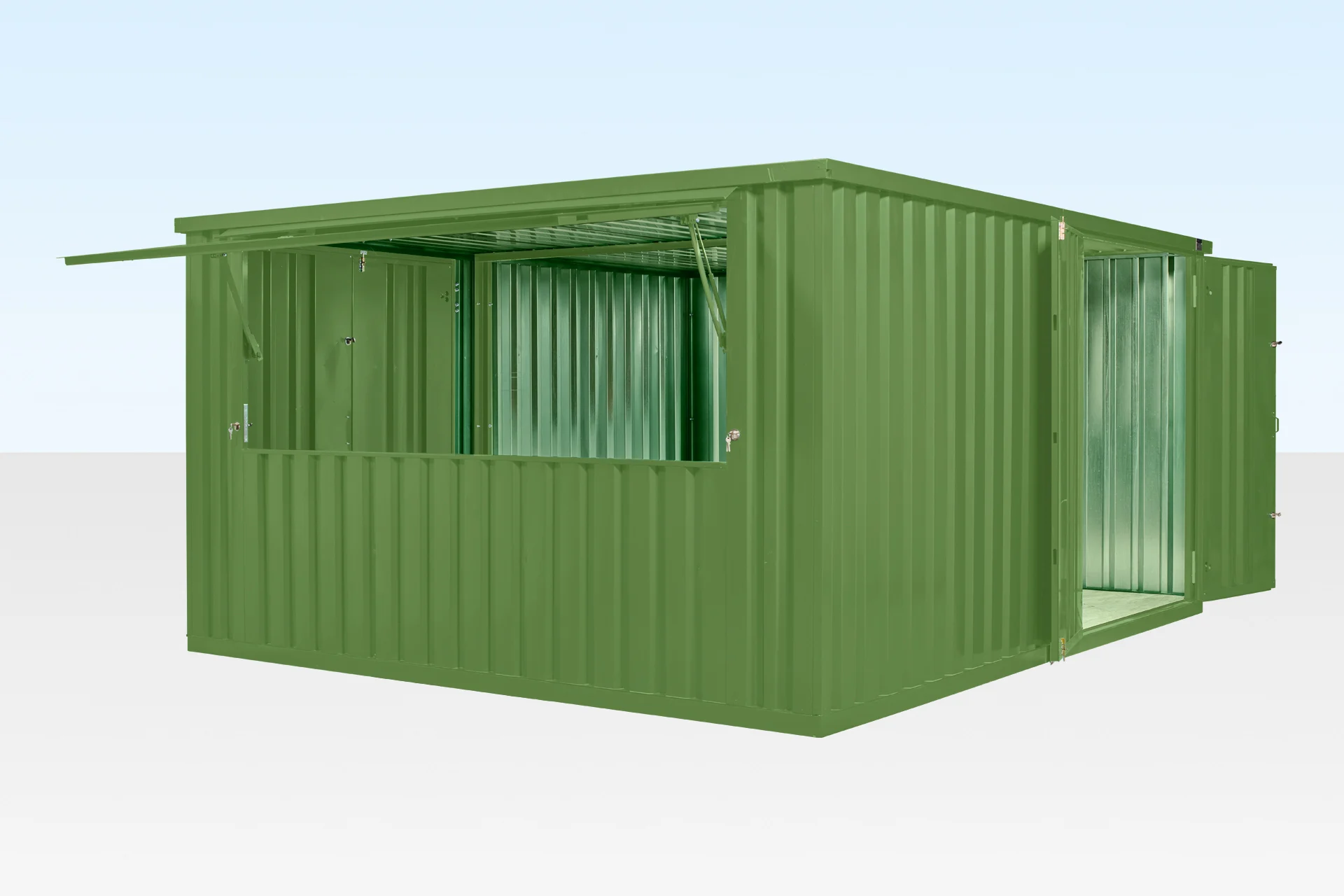 4m XL side linked flat pack kiosk exterior custom colour