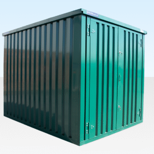 Secure personnel door on RAL6005 flat pack store