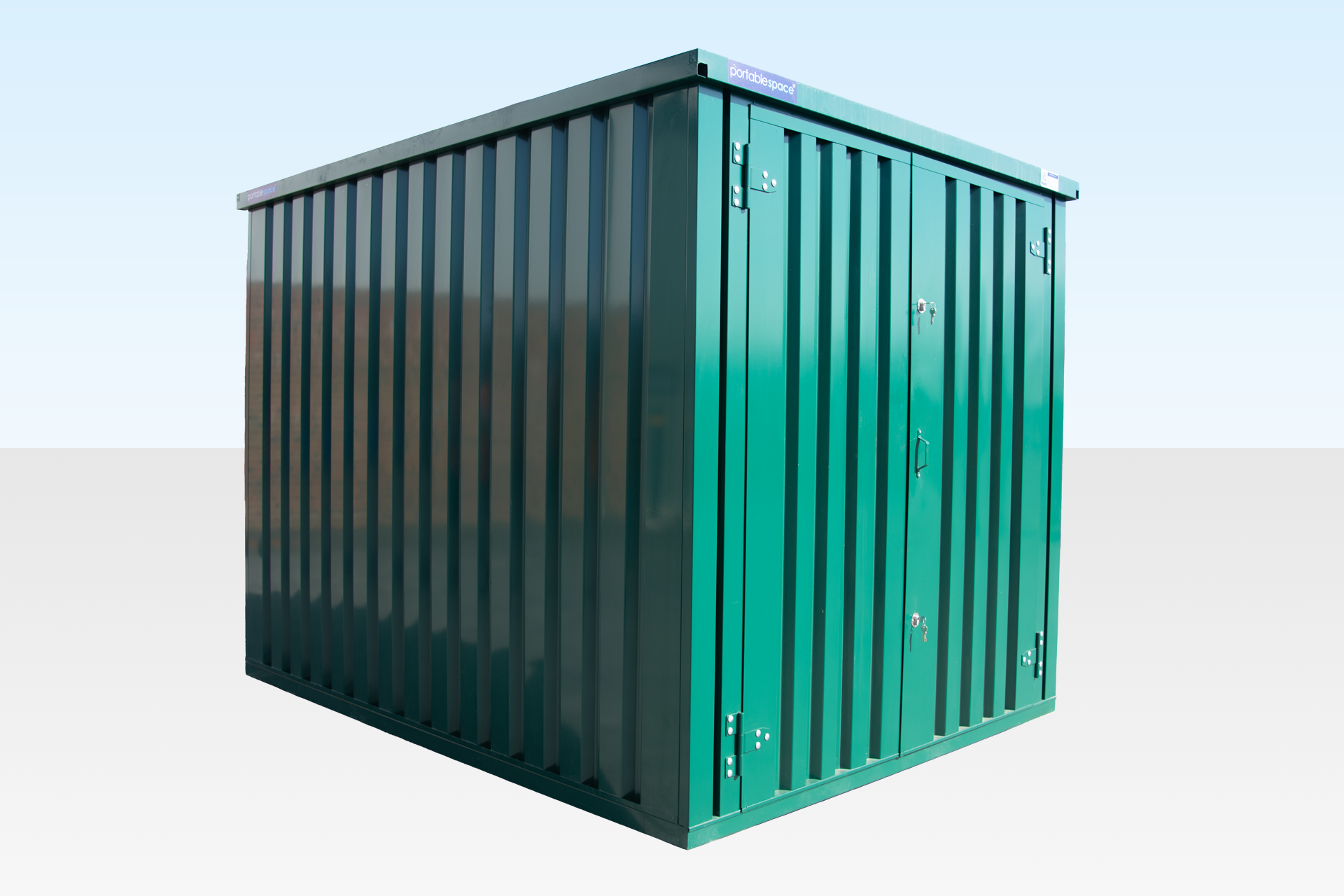 Secure personnel door on RAL6005 flat pack store