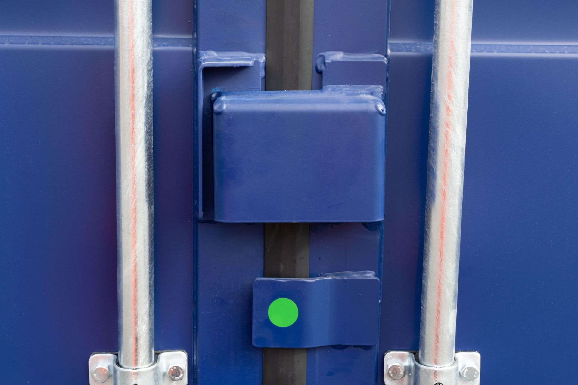 Corner castings on 8ft blue shipping container