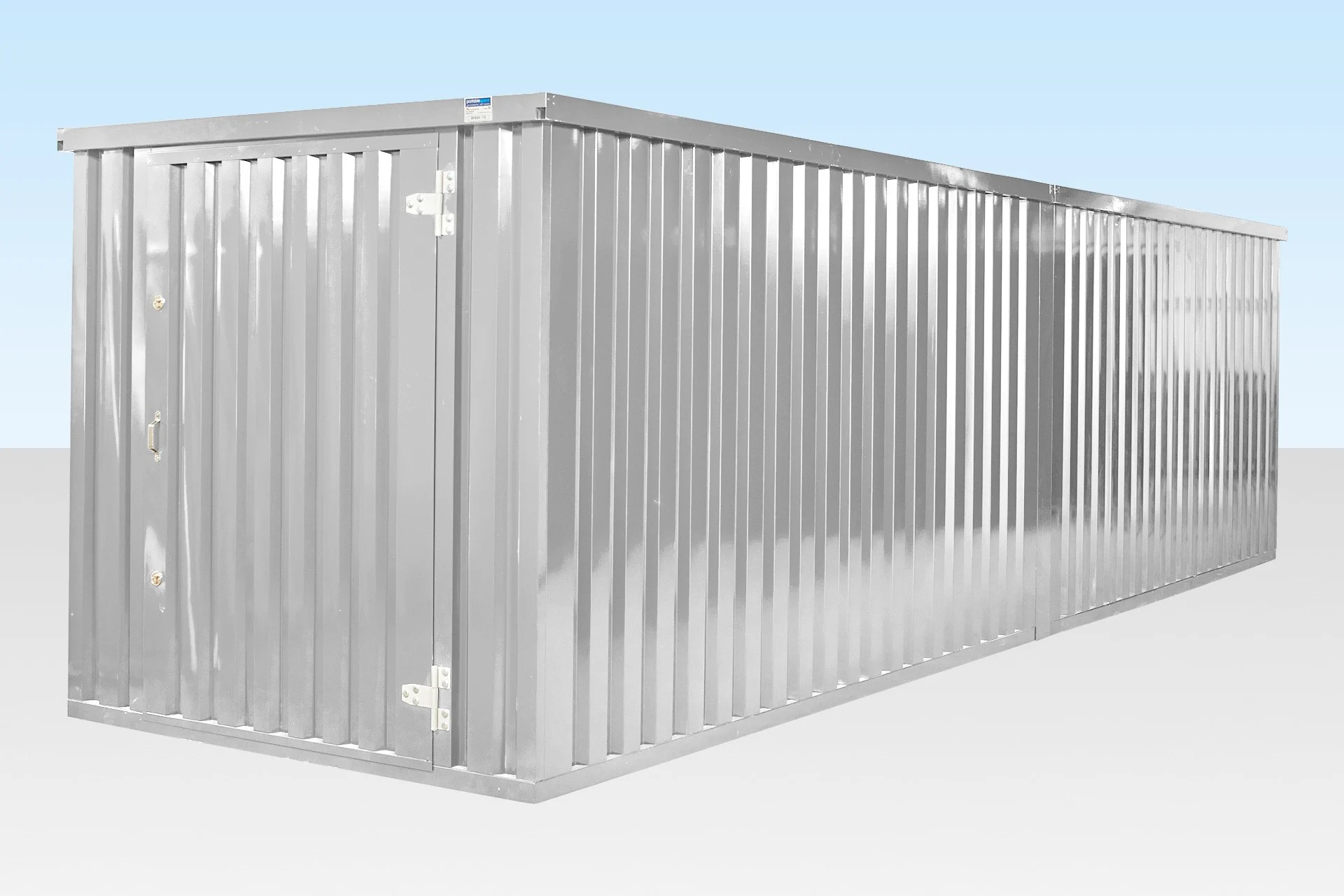 2 x 4m galvanised flat pack storage containers linked end on end exterior