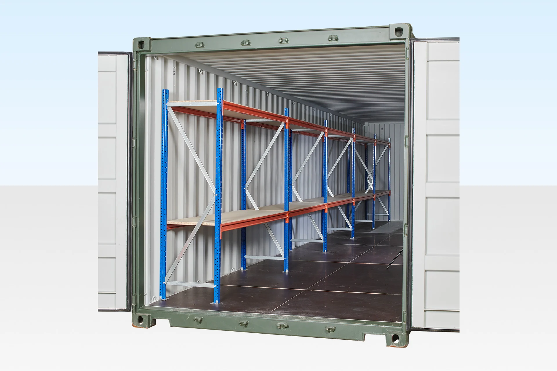 2-tier racking installed in 40ft container by Clad Shipping Containers