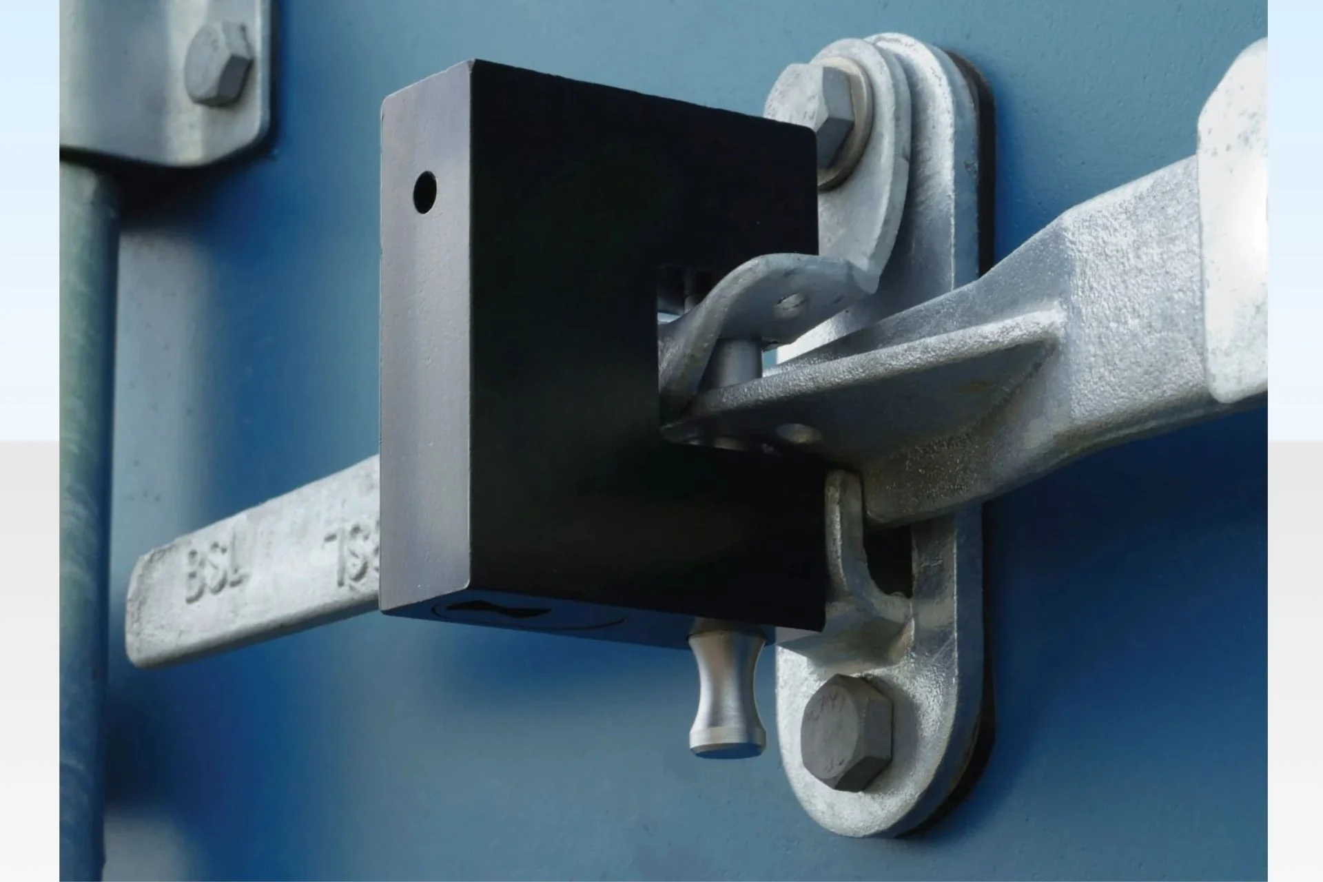 Side view of boron steel container padlock from Clad Shipping Containers