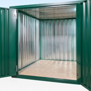 Door detail of RAL 6005 flat pack store from Clad Shipping Containers