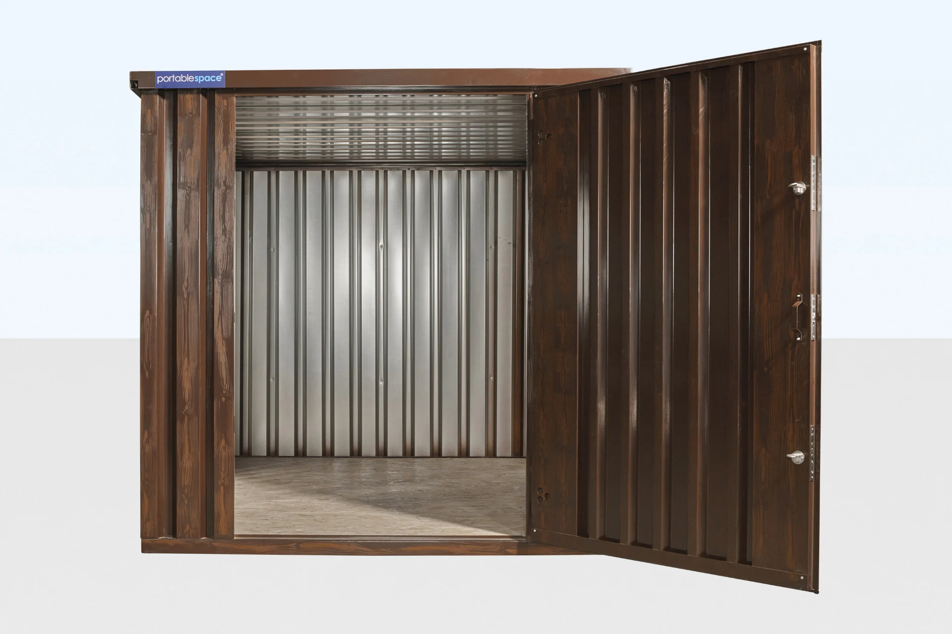 Wood effect door detail on flat pack store from Clad Shipping Containers