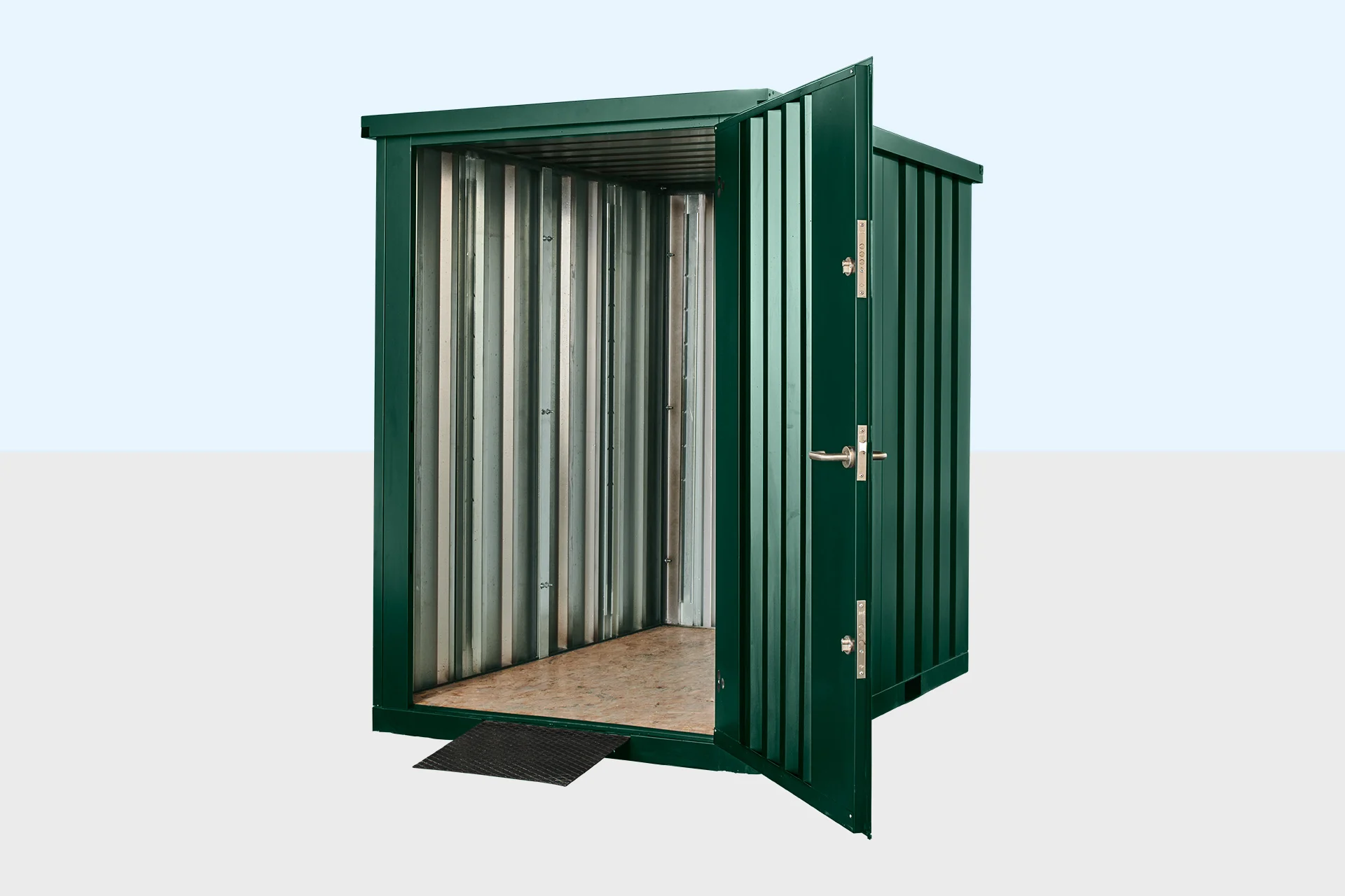Flat pack metal garden store exterior