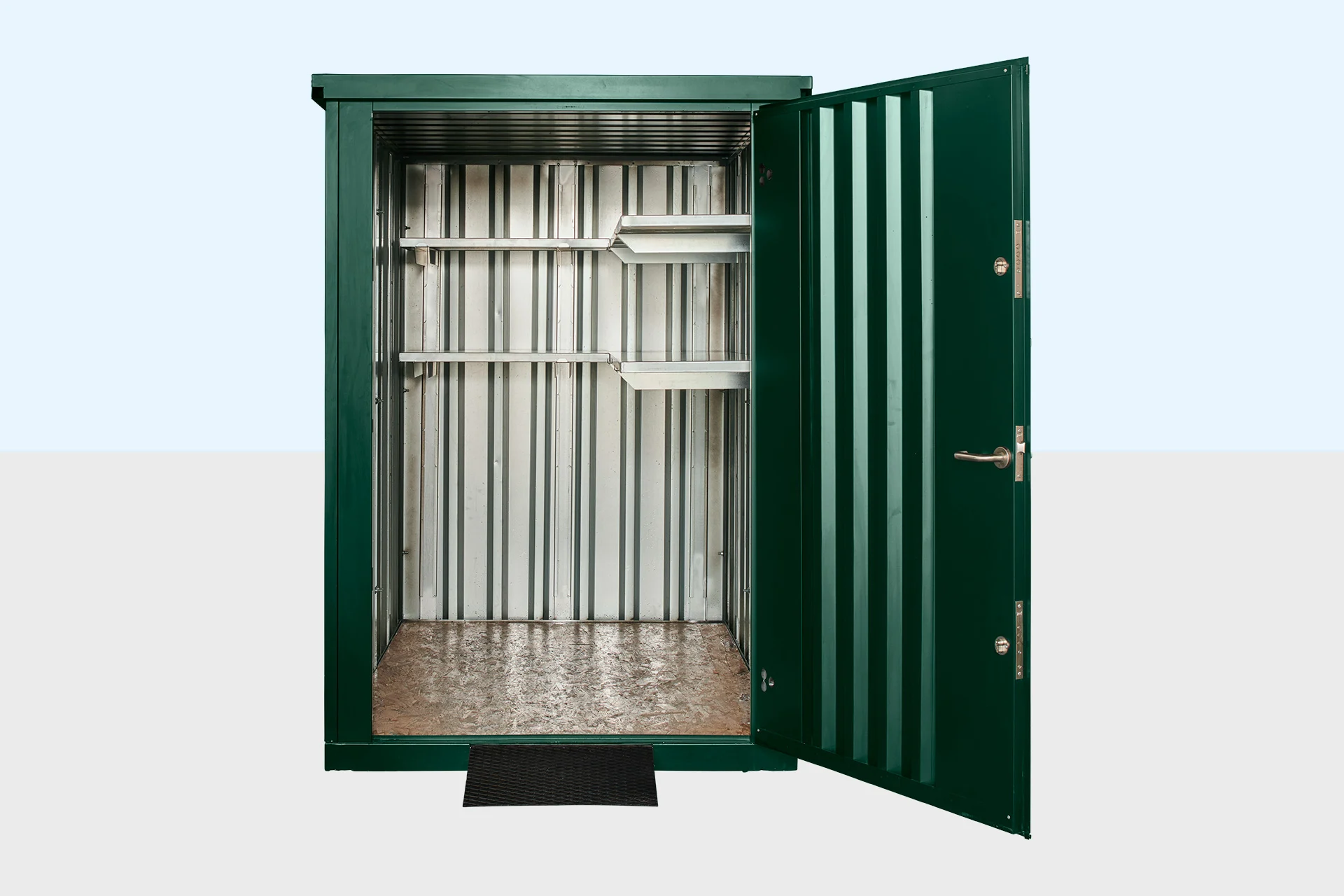 Interior of flat pack metal garden store